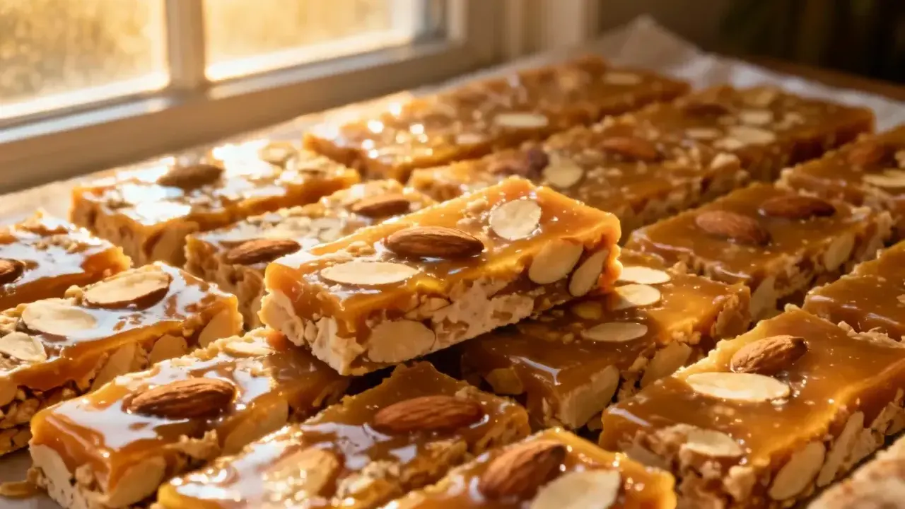 Des barres de nougatine aux amandes, dorées et brillantes, disposées près d'une fenêtre ensoleillée.