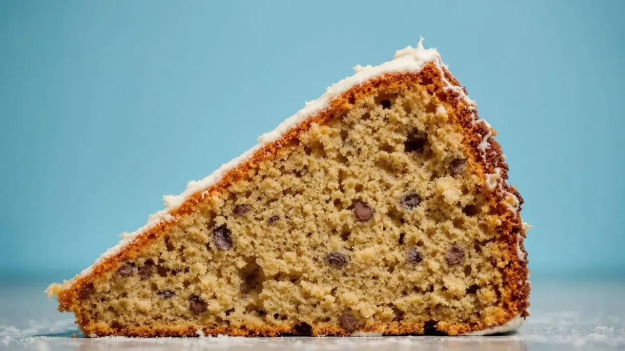 Tranche de gâteau au froment, parsemée de pépites de chocolat, avec un glaçage blanc. Un délice !