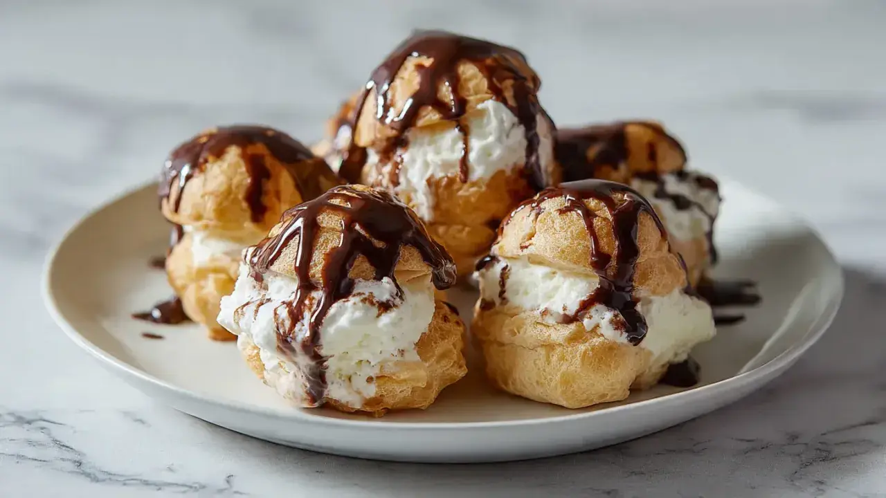 Des profiteroles gourmands, des petites boules de pâte à choux garnies de crème fouettée et nappées de chocolat noir fondant.