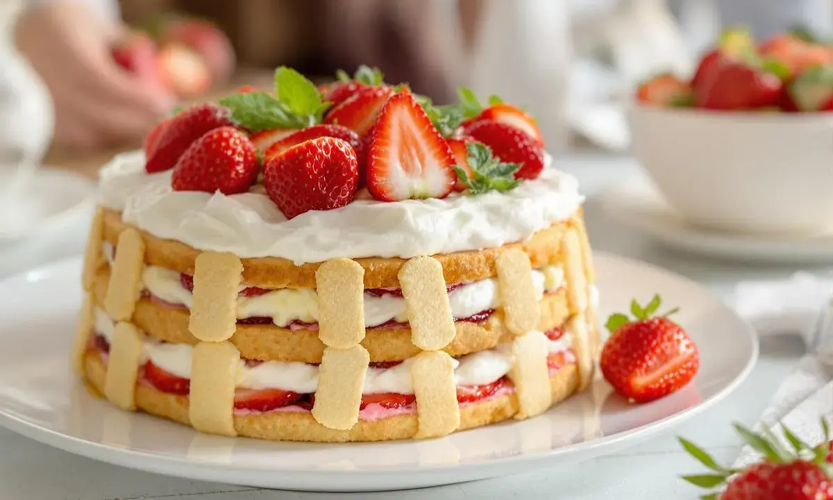 Charlotte aux fraises et crème pâtissière, un délice estival garni de fruits frais et de chantilly.