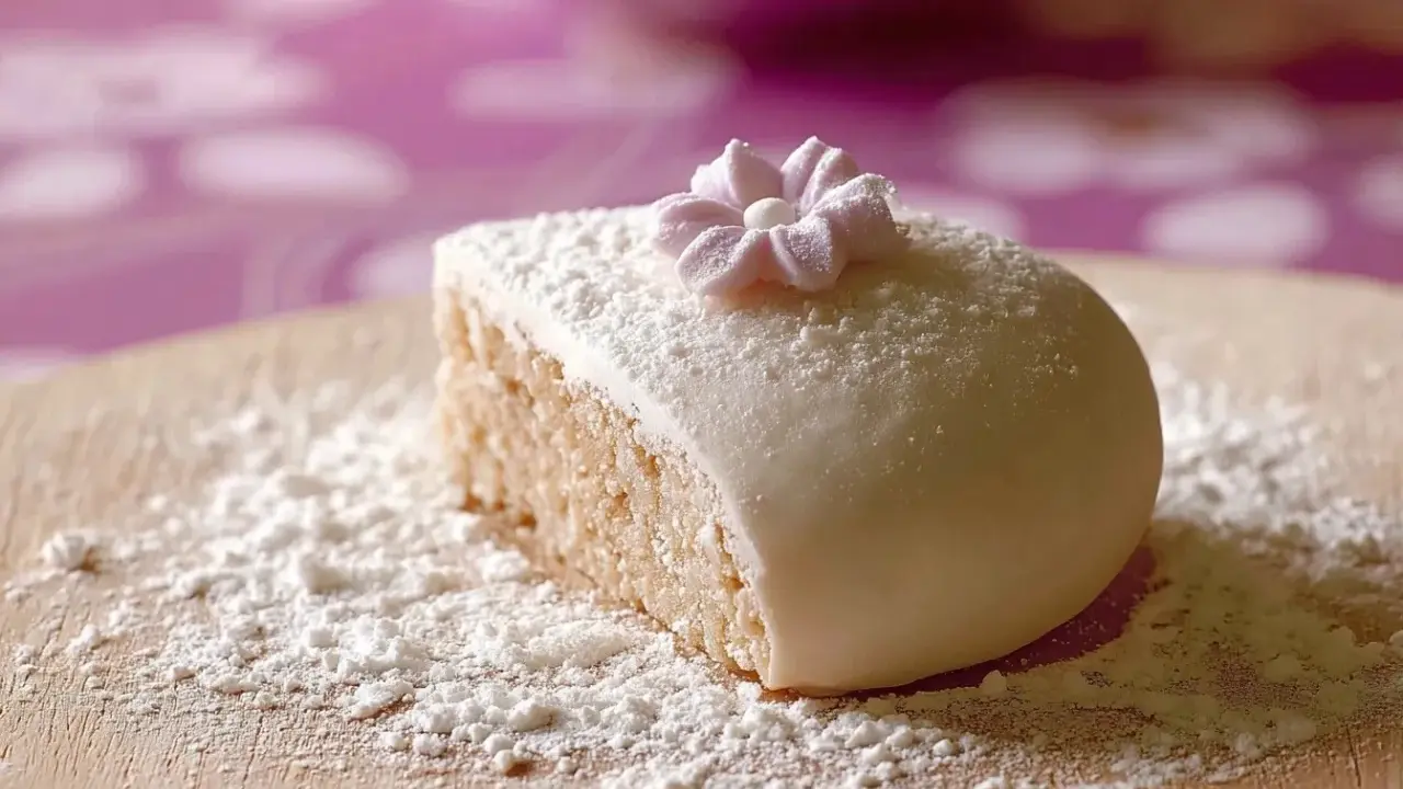 Gâteau recouvert de pâte à sucre, saupoudré de sucre glace. Une petite fleur en pâte à sucre décore le dessus. Parfait pour une recette de pâte à sucre.