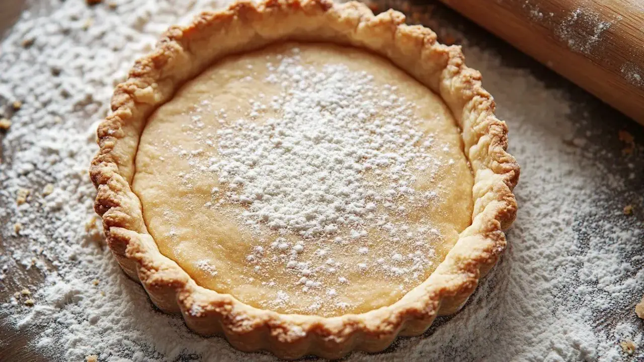 Tarte à la pâte feuilletée cuite à blanc, saupoudrée de sucre glace. Le temps de cuisson est parfait pour cette croûte dorée.