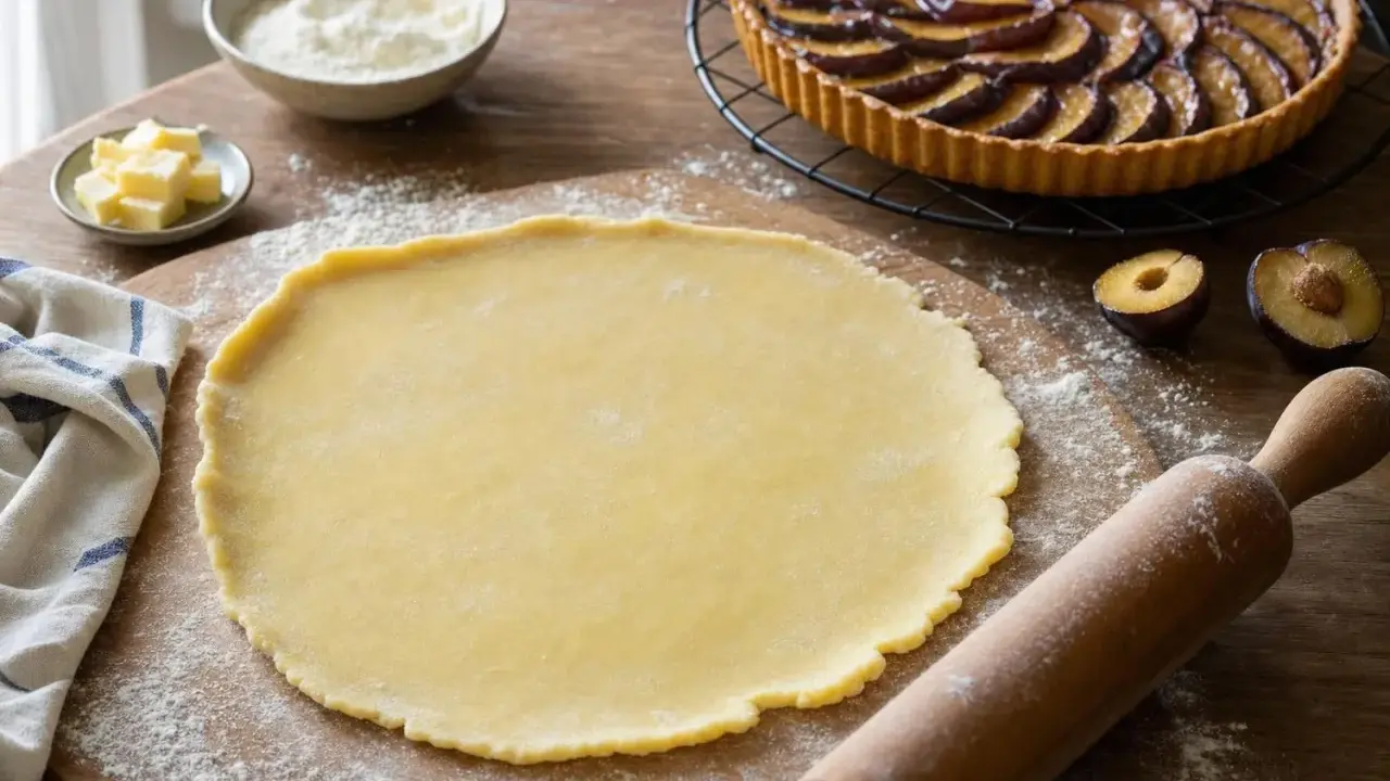 Pâte à tarte prête à être utilisée, avec un rouleau à pâtisserie et des prunes. Le fond de tarte croustillant attend sa garniture.