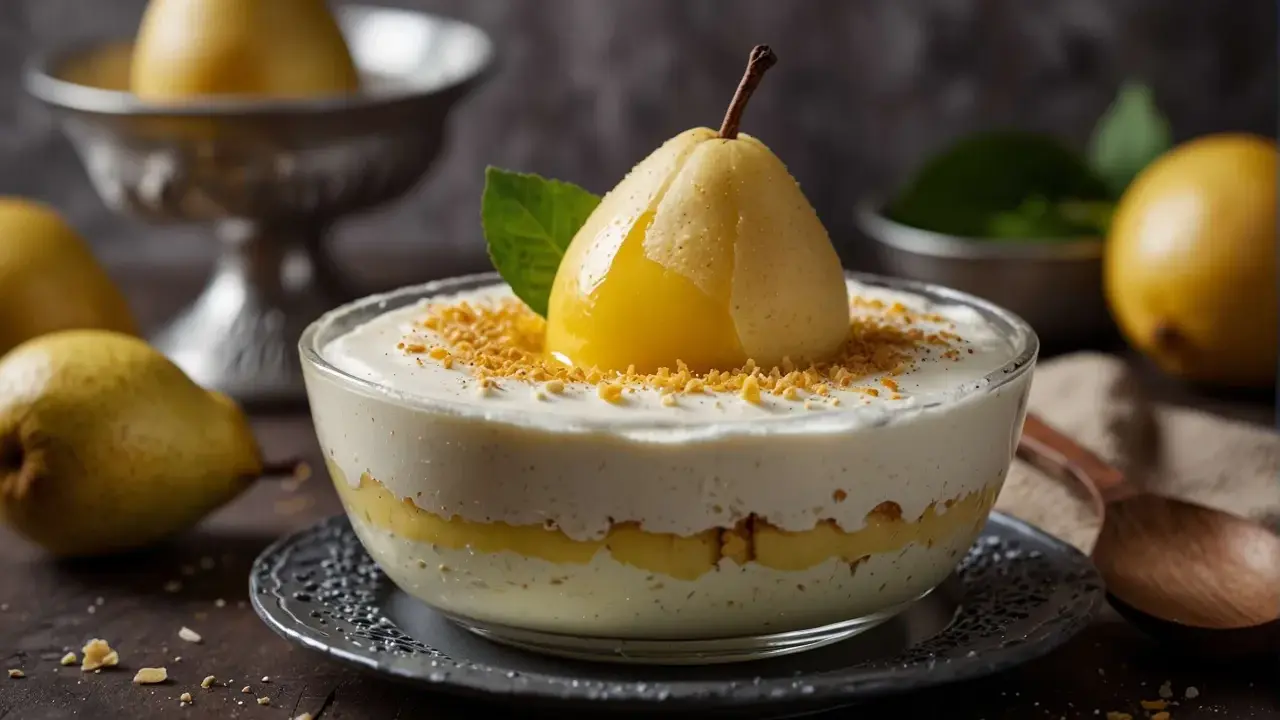 Délicieuse mousse à la poire sans gélatine, garnie d'une poire pochée et de miettes croustillantes. Un dessert léger et fruité.