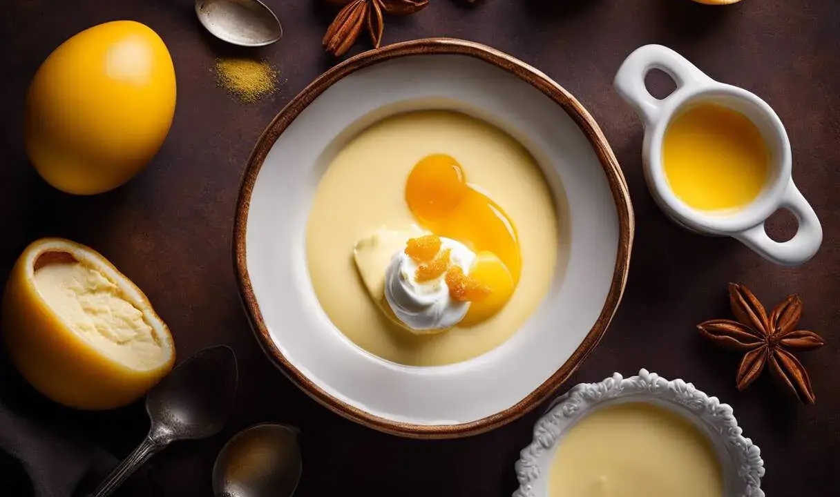 Un bol de crème anglaise 1 litre, garni de crème fouettée et d'orange confite, entouré d'oranges, d'épices et de cuillères.