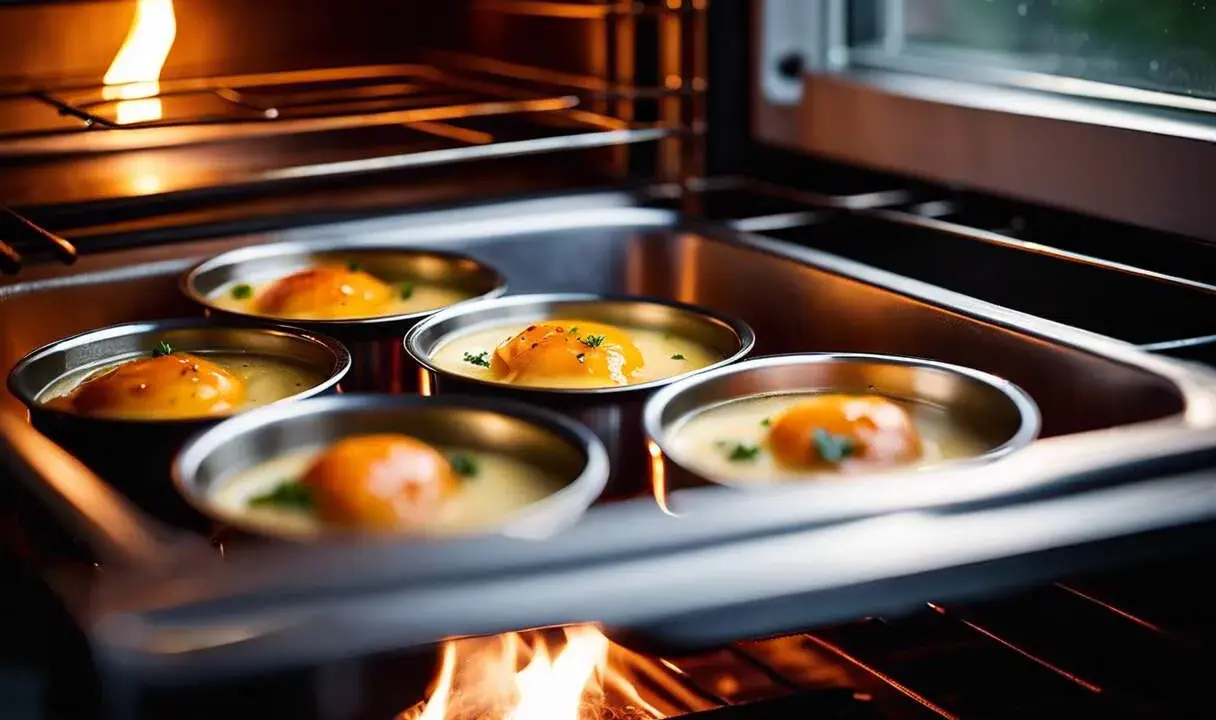 Cinq ramequins avec des œufs pochés dans un bain-marie au four, la flamme du four visible en bas.