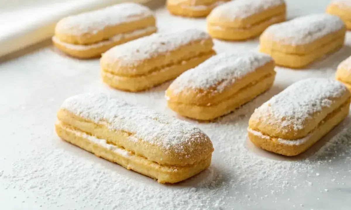 Douceur poudrée de sucre glace sur des biscuits cuillères dorés, prêts à être dégustés.