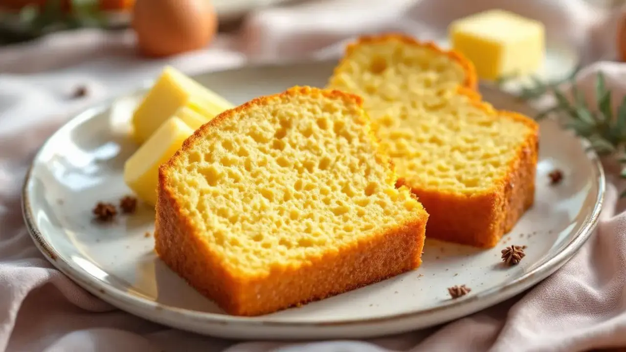 Deux tranches de gâteau quatre quart moelleux sur une assiette, accompagnées de bâtonnets de beurre et d'une pincée d'épices.