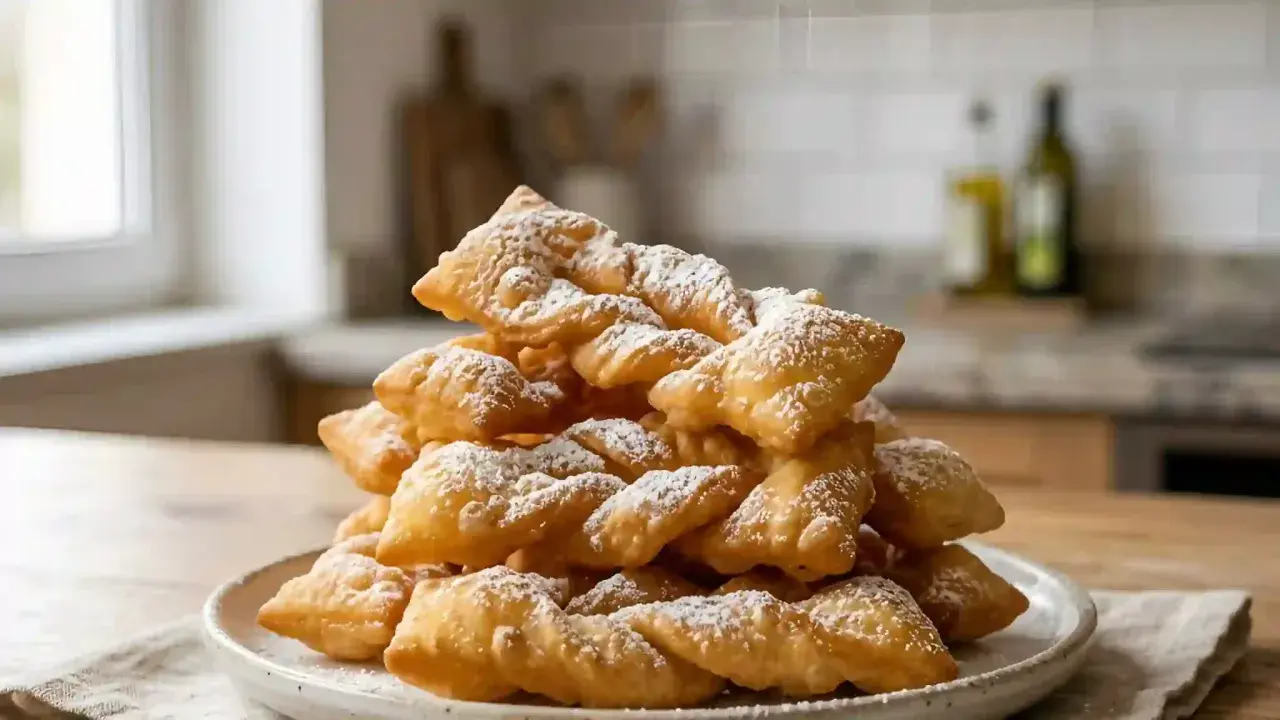 Pile de bugnes dorées saupoudrées de sucre glace, prêtes à être dégustées. Une recette de bugnes qui met l'eau à la bouche.