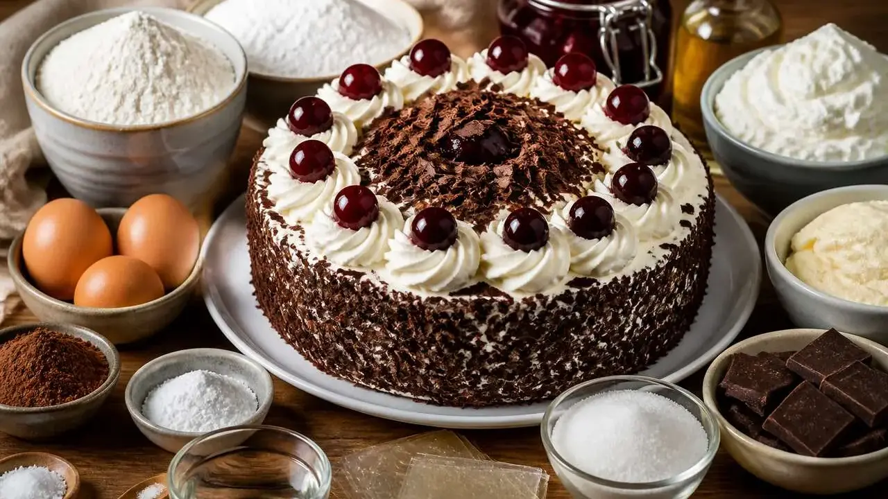 Gâteau Forêt Noire, prêt à être dégusté, entouré des ingrédients pour une recette forêt noire professionnelle : farine, œufs, chocolat, cerises, crème.