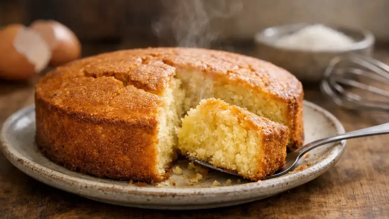 Un délicieux gâteau fait maison, probablement avec 4 œufs, dégage de la vapeur. Une part est coupée et prête à être dégustée.