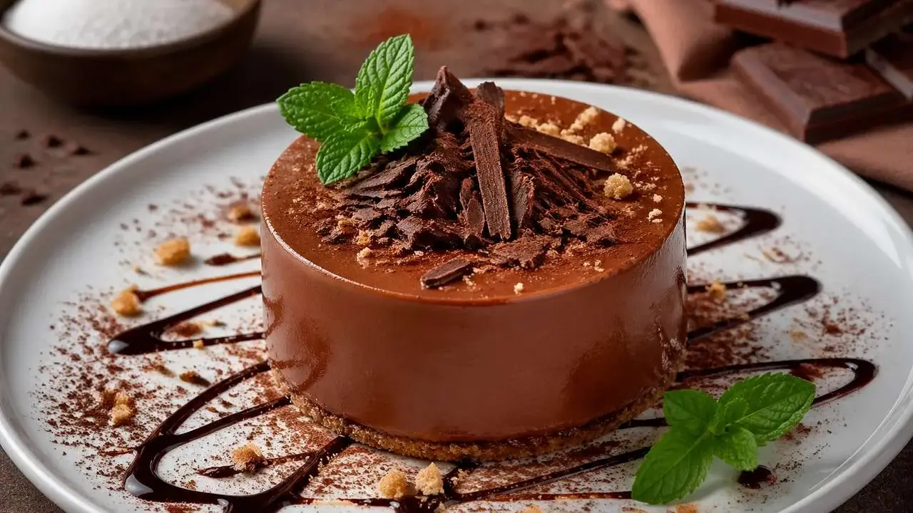 Un délicieux gâteau au chocolat, garni de copeaux de chocolat et de menthe fraîche. Le fond de gateau est parfait pour une dégustation gourmande.