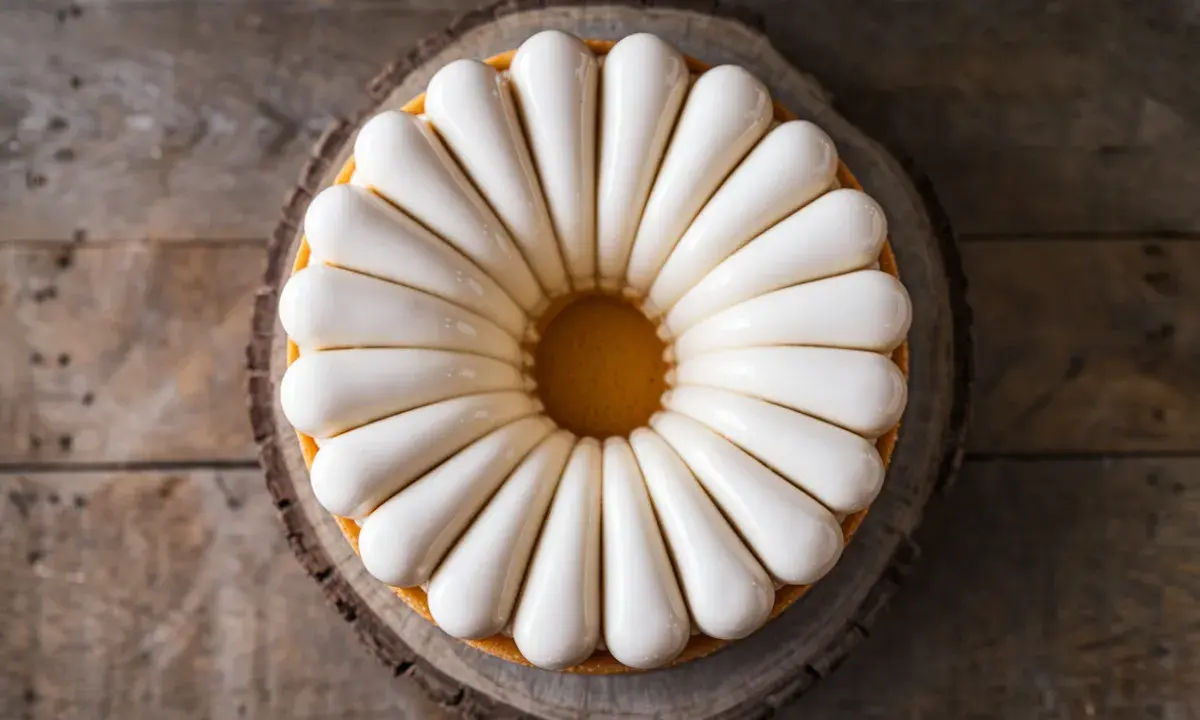 Un magnifique fondant pâtissier maison, orné de glaçage blanc nacré, sur un socle en bois rustique.