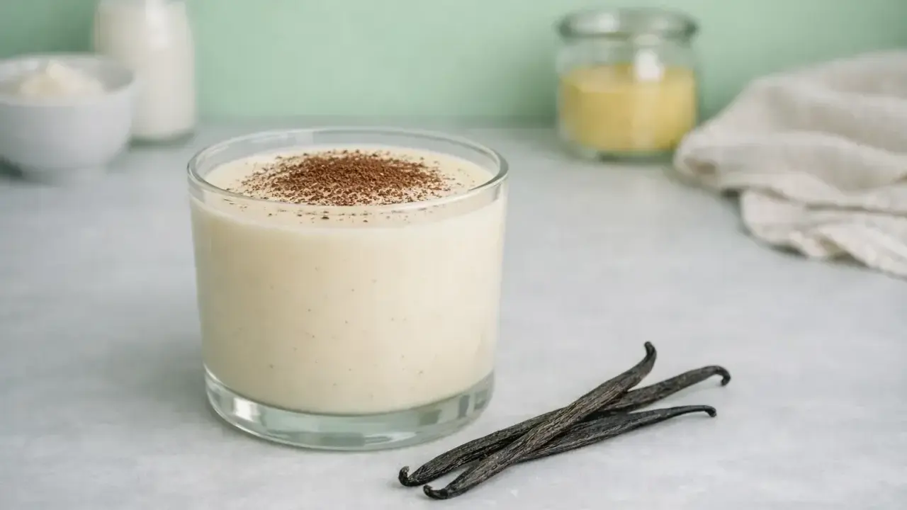 Un verre de crémeux vanille Michalak, saupoudré de cacao, avec des gousses de vanille.