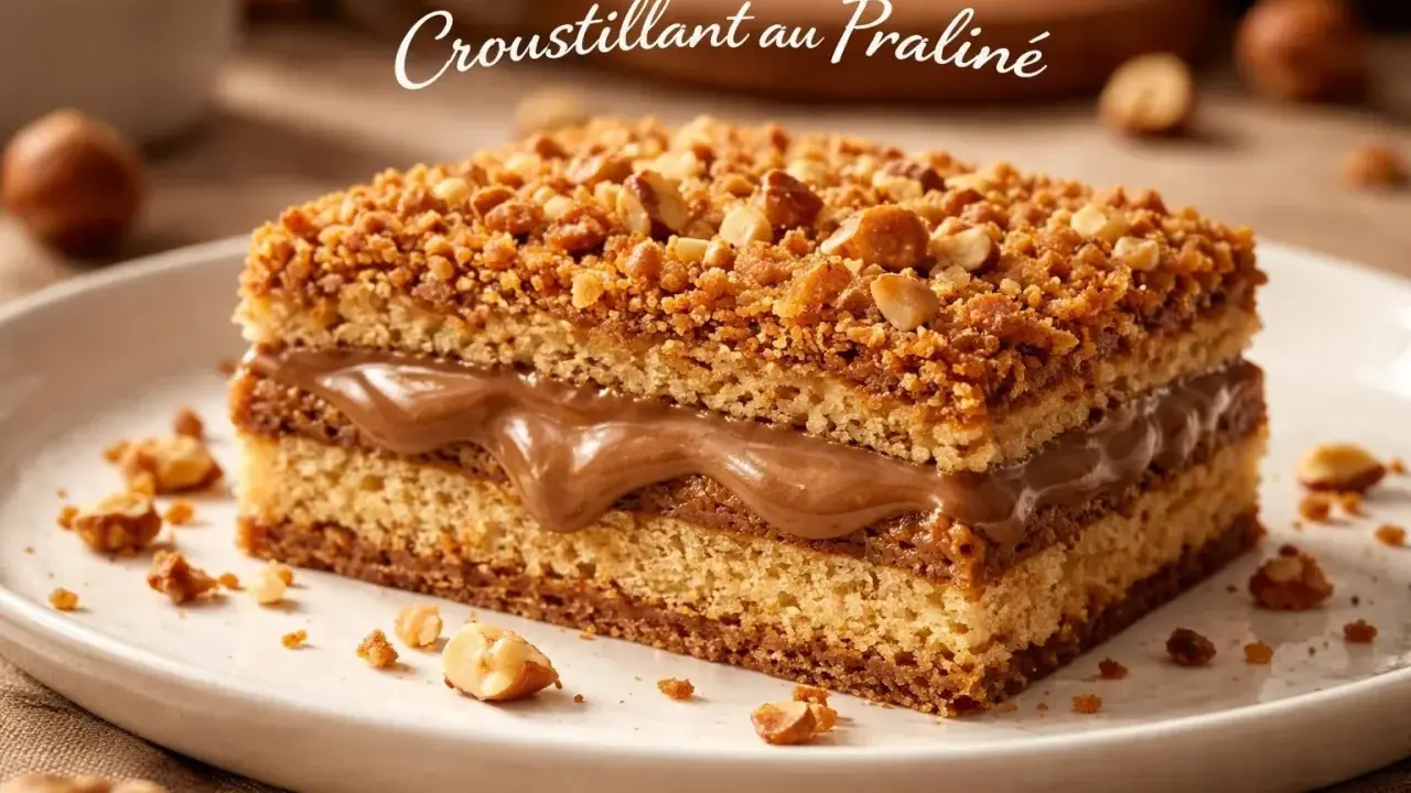 Gâteau moelleux garni d'une crème onctueuse et recouvert d'un **croustillant praliné** aux noisettes.