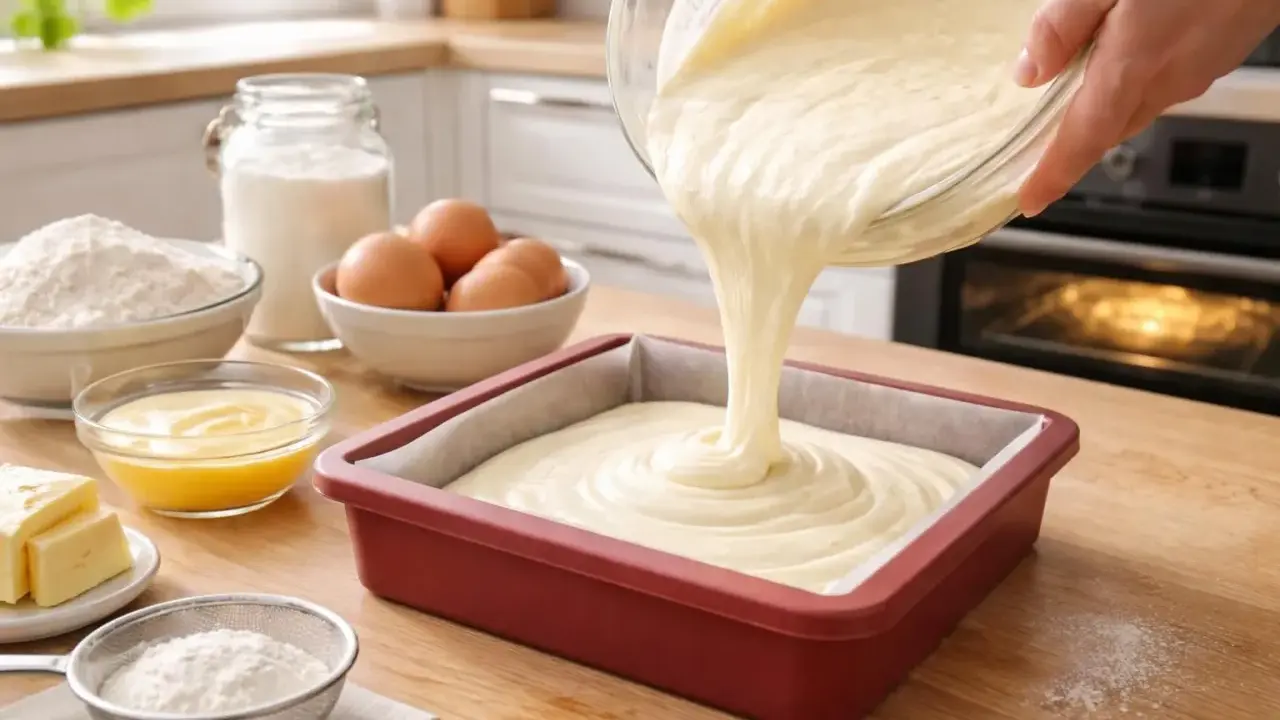 Verser une pâte onctueuse, un fondant blanc, dans un moule à gâteau. Ingrédients de pâtisserie disposés autour.
