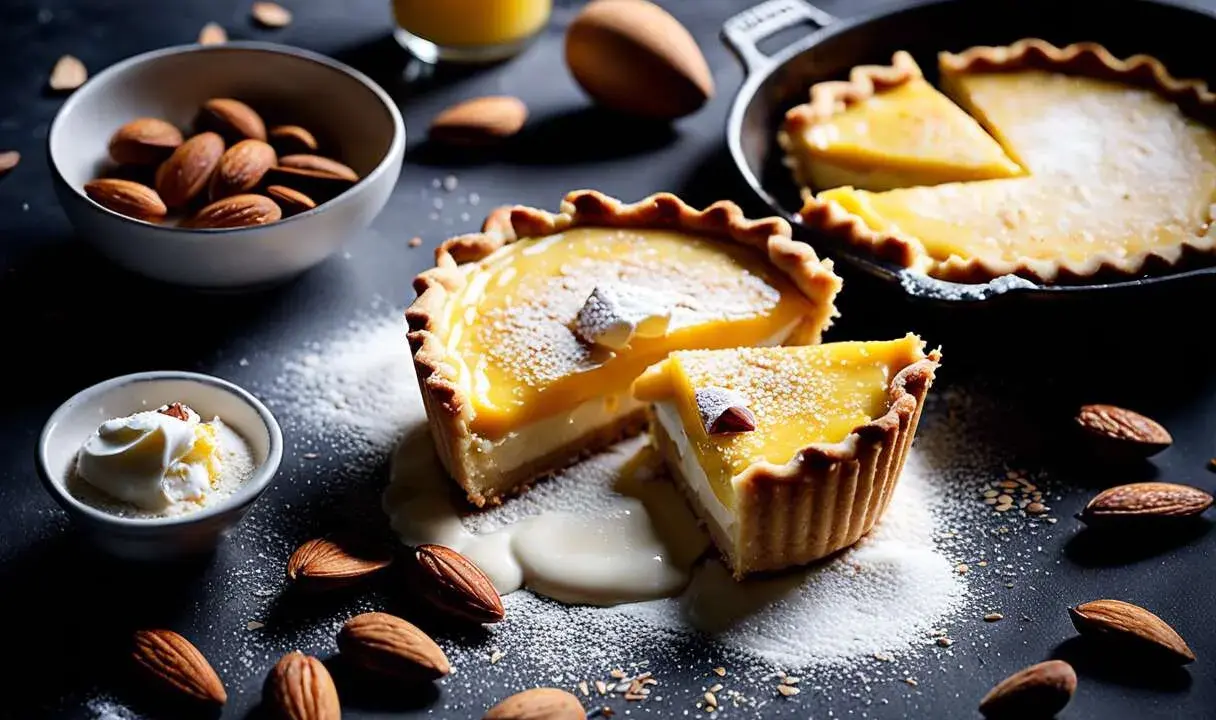 Tartes au citron et amandes, garnies de sucre glace. Le temps de cuisson pâte sablée à blanc est parfait pour cette texture dorée.