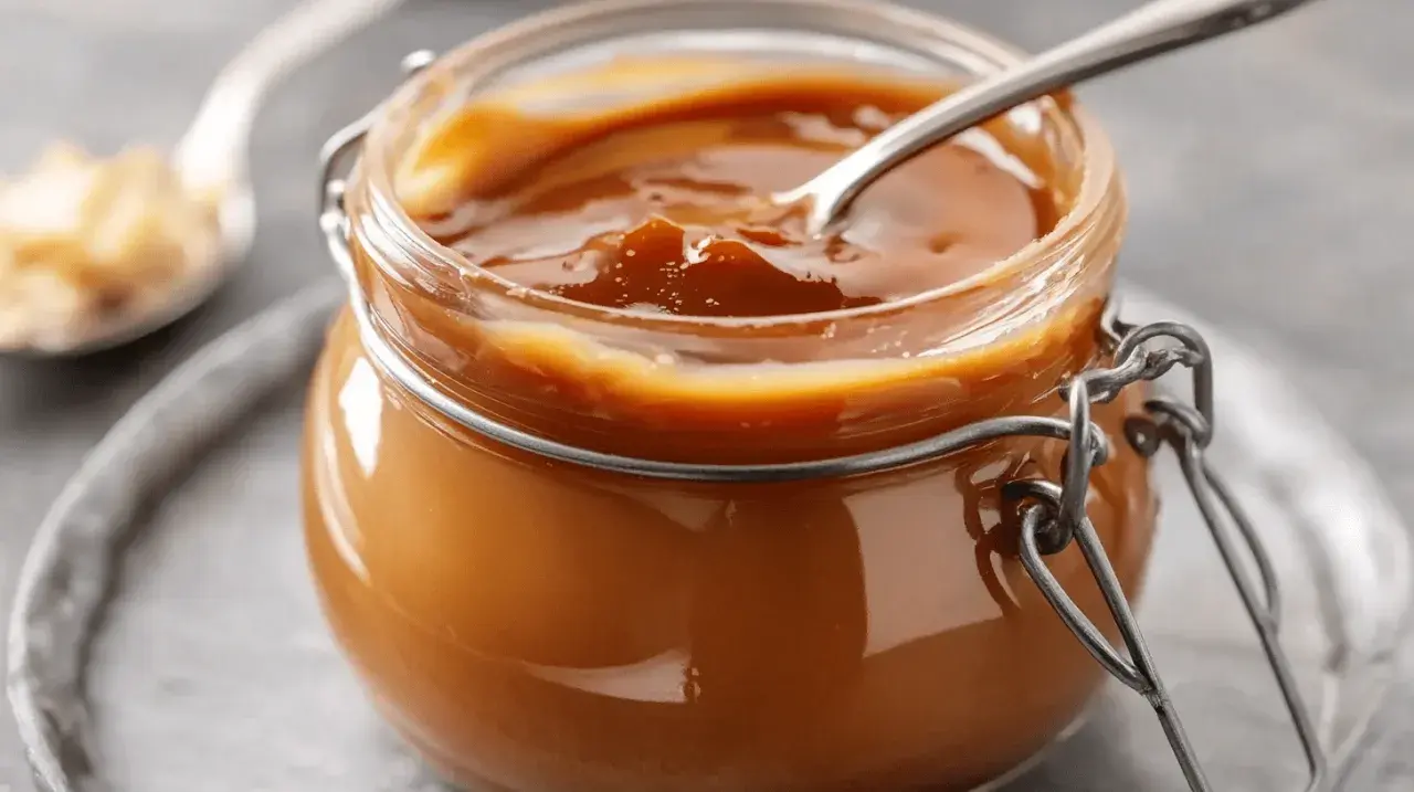 Un pot de caramel beurre salé avec une cuillère. Ce délice onctueux, fait avec du beurre doux, invite à la gourmandise.