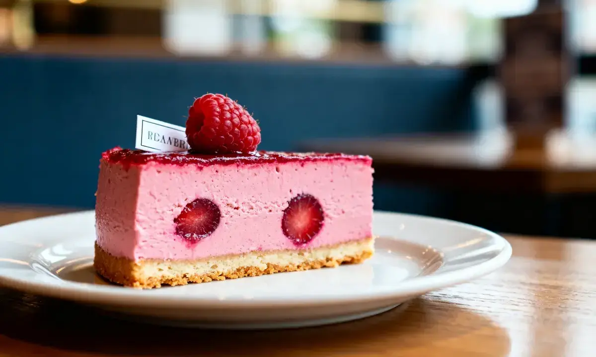 Délicieux entremet framboise, garni d'une framboise fraîche et de morceaux de fruits rouges, sur une base croustillante.