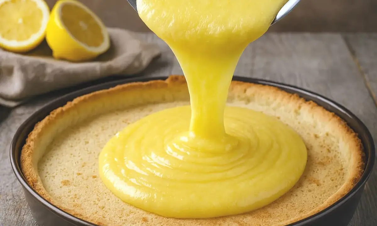 Une crème aux citrons onctueuse est versée dans une tarte. Des citrons coupés en deux sont visibles en arrière-plan.