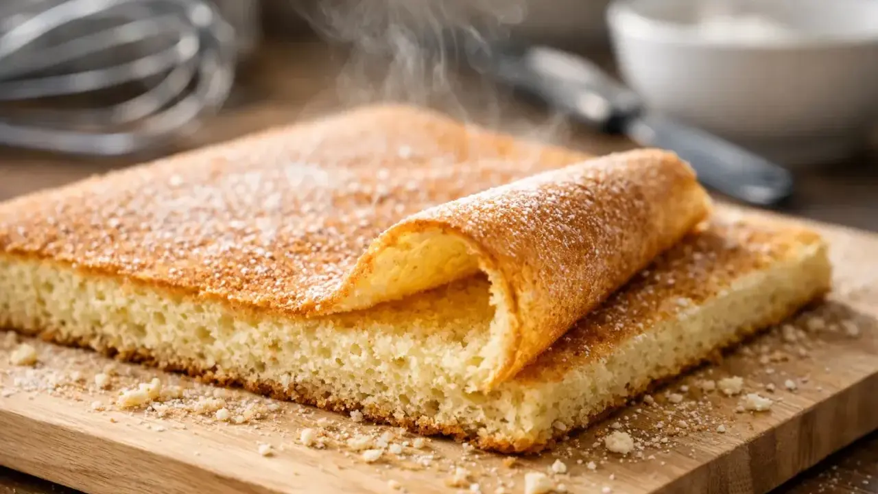 Biscuit Joconde moelleux, saupoudré de sucre glace. Parfait pour une recette biscuit Joconde facile et rapide.