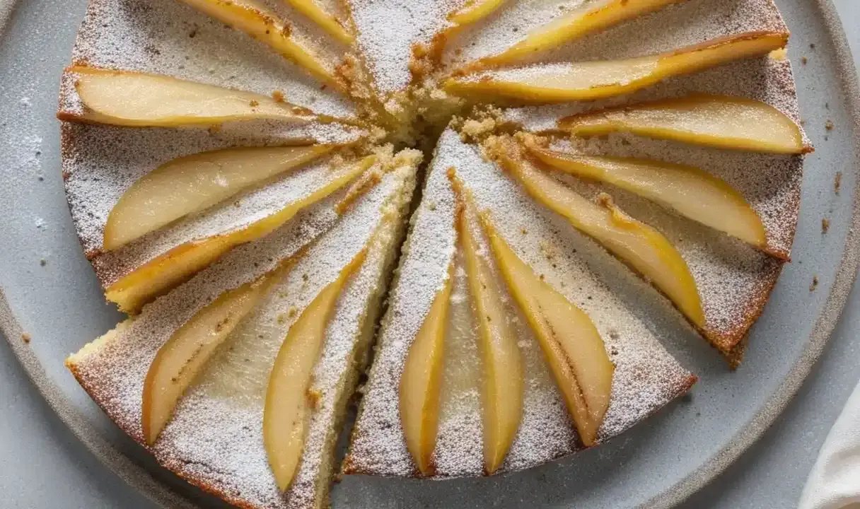 Gâteau au yaourt recette illustrée : un délicieux gâteau aux poires, saupoudré de sucre glace, prêt à être dégusté.