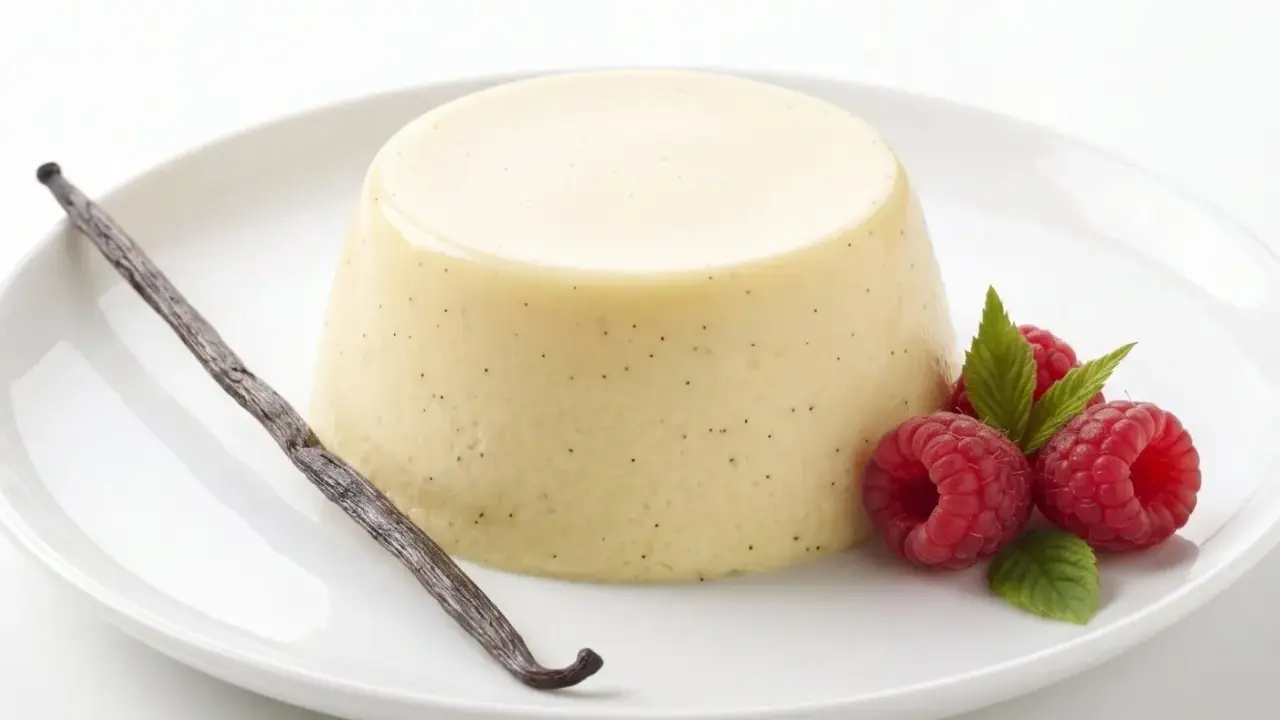 Bavaroise vanille on a white plate, garnished with raspberries, mint leaves and a vanilla bean.