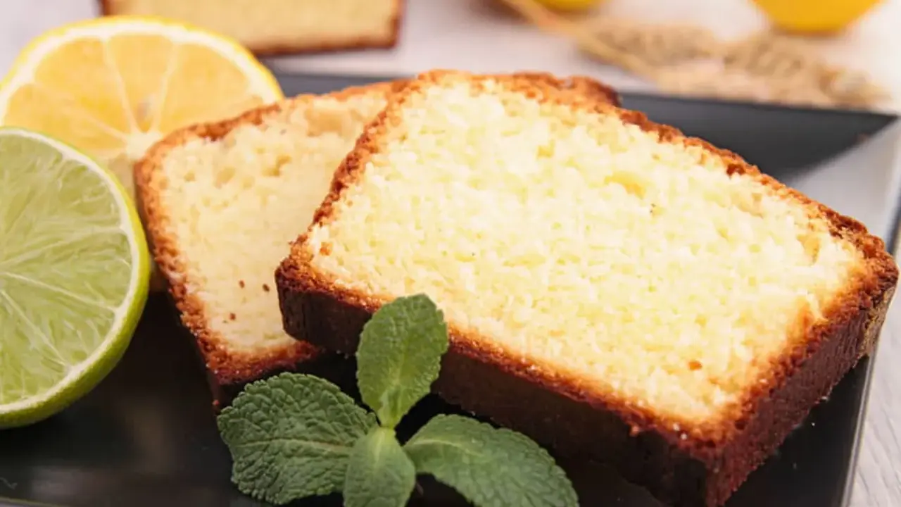 Tranches de cake au citron facile, garnies de menthe fraîche, avec des citrons et citrons verts en arrière-plan.