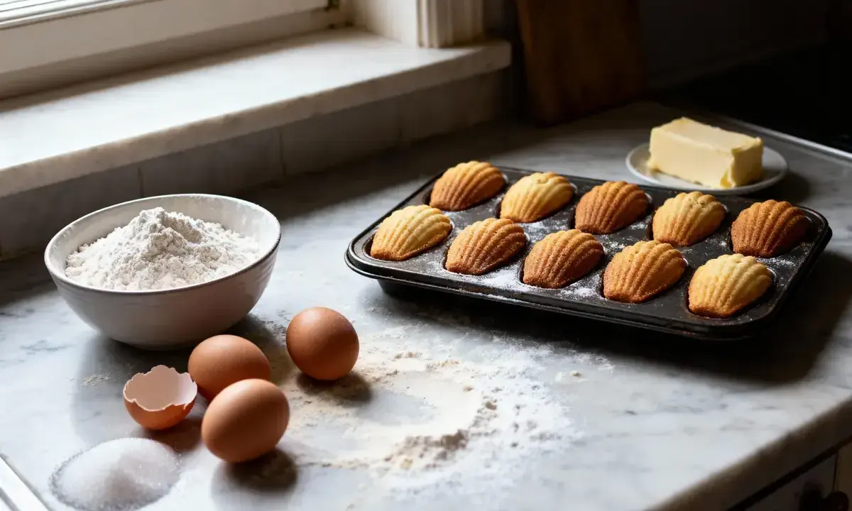 Plateau de biscuits madeleines dorées, prêts pour un entremet. Ingrédients à proximité : farine, œufs, sucre, beurre.