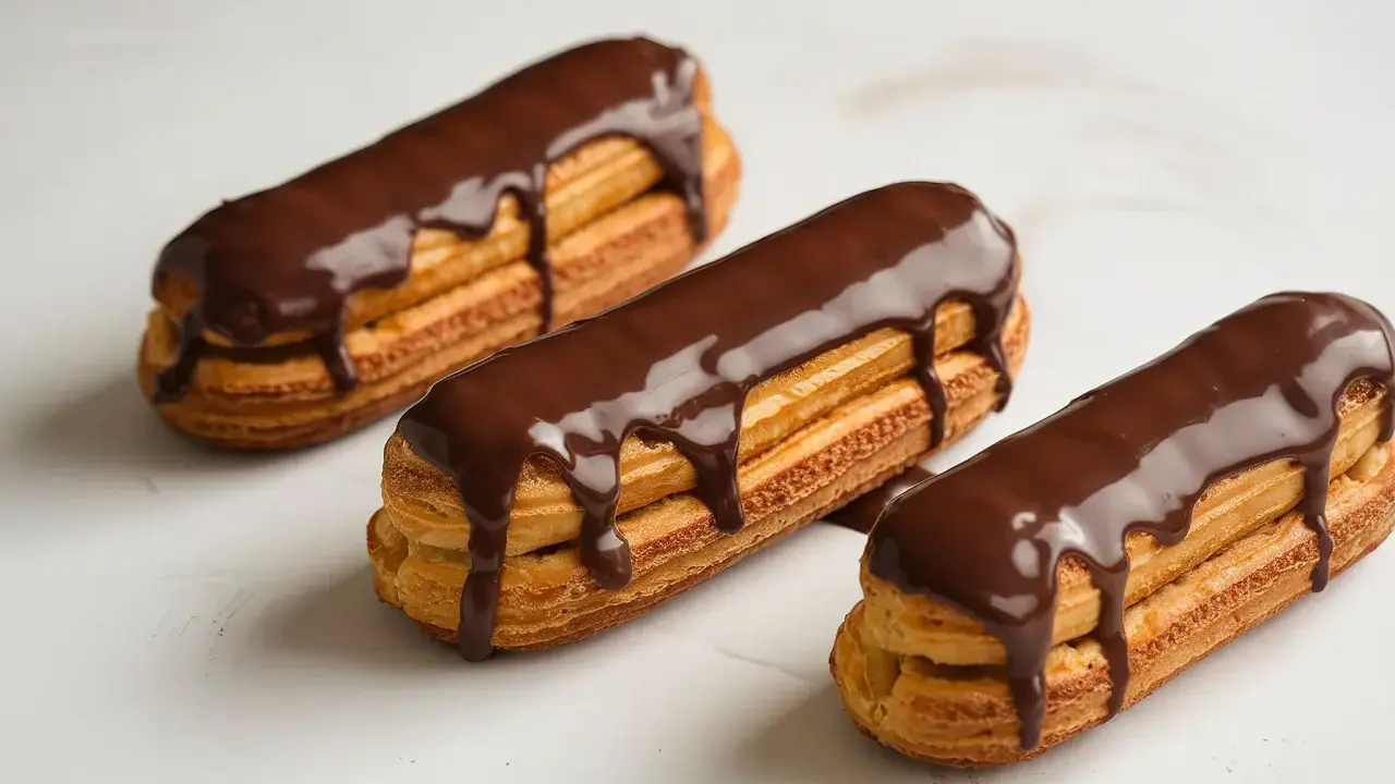 Trois éclairs au chocolat, parfaits pour une recette opera. La ganache dégouline sur la pâte à choux dorée.