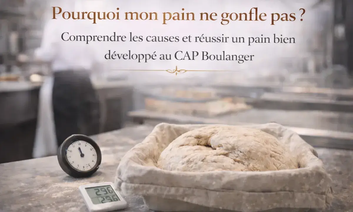 Pâte à pain dans un banneton, thermomètre et minuteur. Le texte interroge : pourquoi mon pain ne gonfle pas ?
