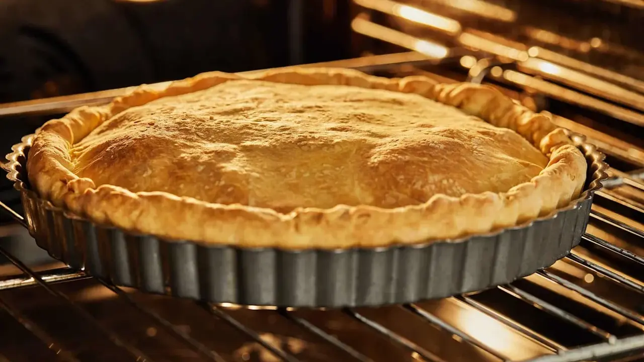 Tarte en cuisson à blanc dans son moule. La pâte brisée est dorée et gonflée, prête à être garnie.