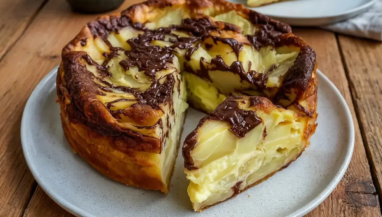 Un clafoutis aux pommes et chocolat, une recette clafoutis moelleux qui invite à la gourmandise. Une part est déjà servie.
