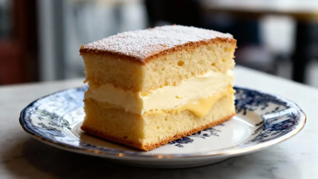 Tranche de gâteau moelleux, garnie d'une généreuse crème pâtissière et saupoudrée de sucre glace. Un délice !