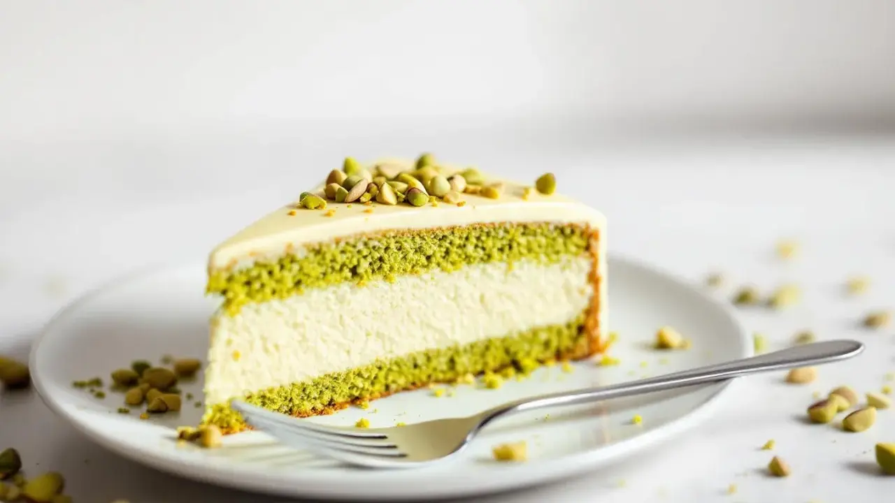 Tranche de gâteau végétalien à la pistache, garnie de pistaches concassées. Une délicieuse pâtisserie vegan.