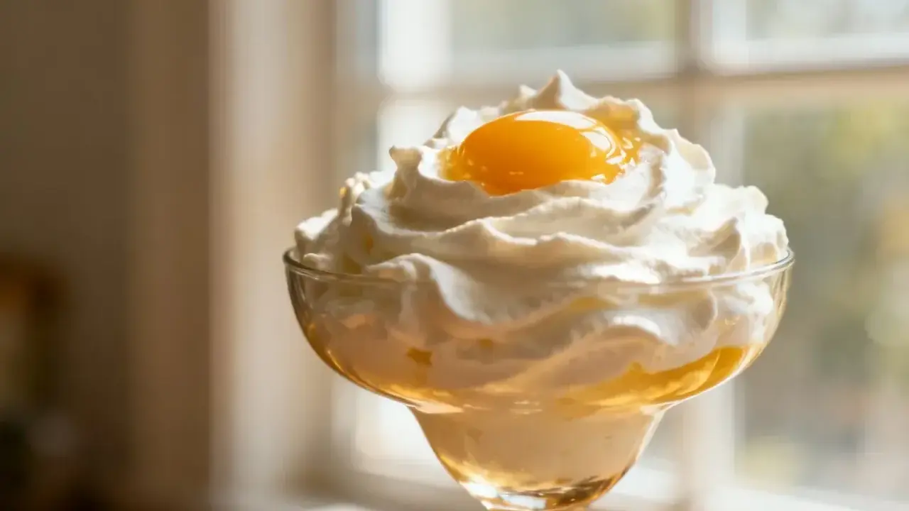 Un dessert aérien dans un verre, couronné d'une généreuse crème fouettée épaisse et d'une touche de jaune d'œuf.