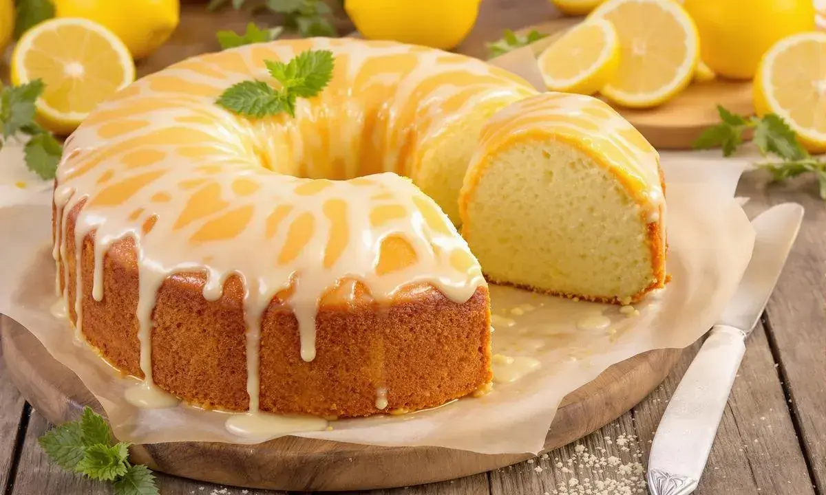 Un cake au citron ultra moelleux, nappé d'un glaçage blanc et jaune, décoré de menthe. Des citrons frais entourent ce délice.