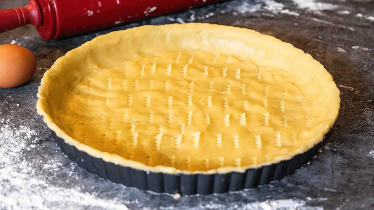 Un fond de tarte amande prêt à être garni, avec un rouleau à pâtisserie rouge et un œuf à proximité.
