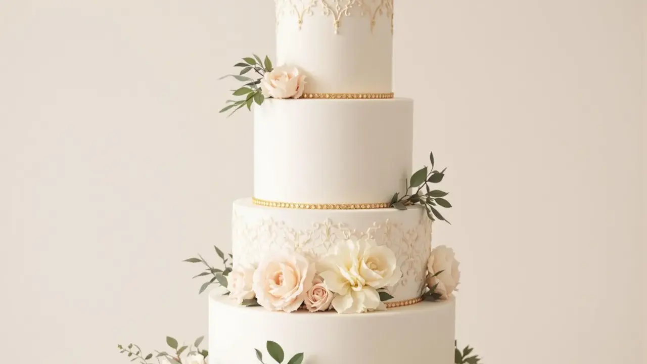Magnifique gâteau de mariage à quatre étages, décoré de roses pâles, de feuillage et de dentelle dorée. Une inspiration pour toute recette de wedding cake.
