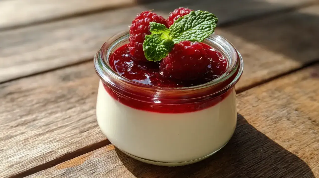 Panna cotta crémeuse dans un pot en verre, garnie de framboises fraîches, de coulis de fruits rouges et d'une feuille de menthe.
