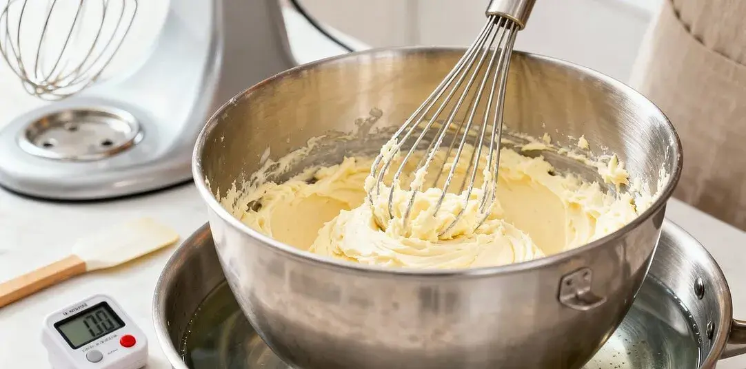 Un batteur électrique fouette une crème au beurre onctueuse dans un bol en acier inoxydable au-dessus d'un bain-marie.