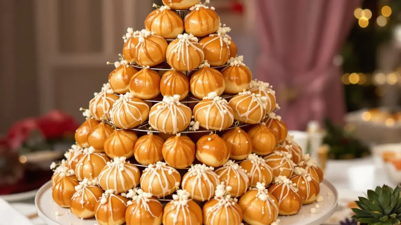 Magnifique pièce montée de choux glacés au caramel, décorés de fils blancs et de petites perles. Un délice visuel et gustatif !