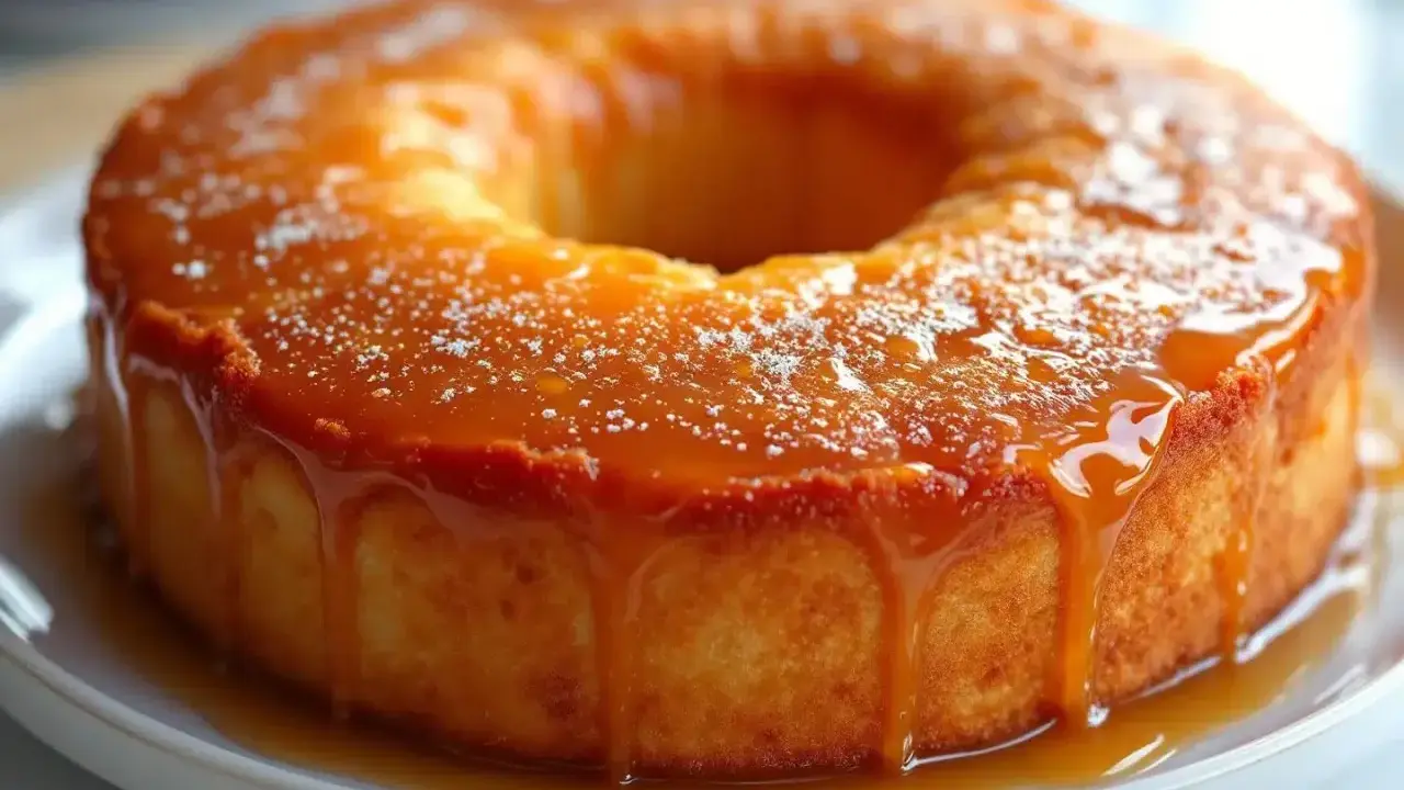 Gâteau rond nappé d'un sirop à 30, dégoulinant sur les côtés. Une touche de sucre glace ajoute une finition délicate.