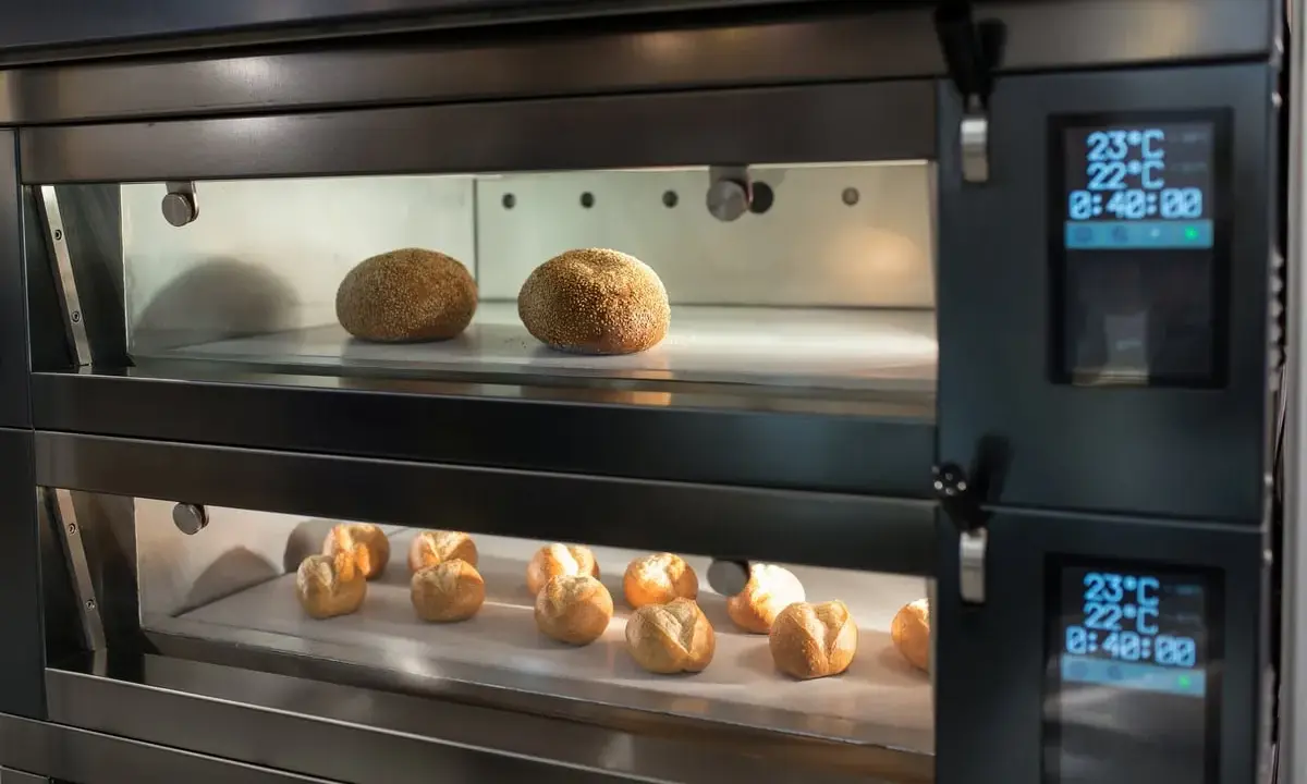 Deux étages de pains dorés dans un four professionnel. La fonction étuve four assure une cuisson parfaite.