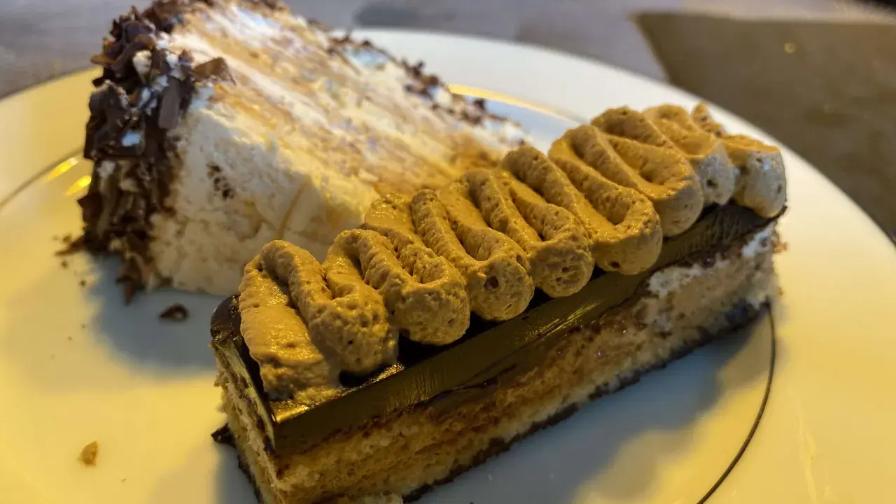 Deux parts de gâteau, dont une avec une crème légère et des copeaux de chocolat, l'autre un opéra conticini, sur une assiette blanche.