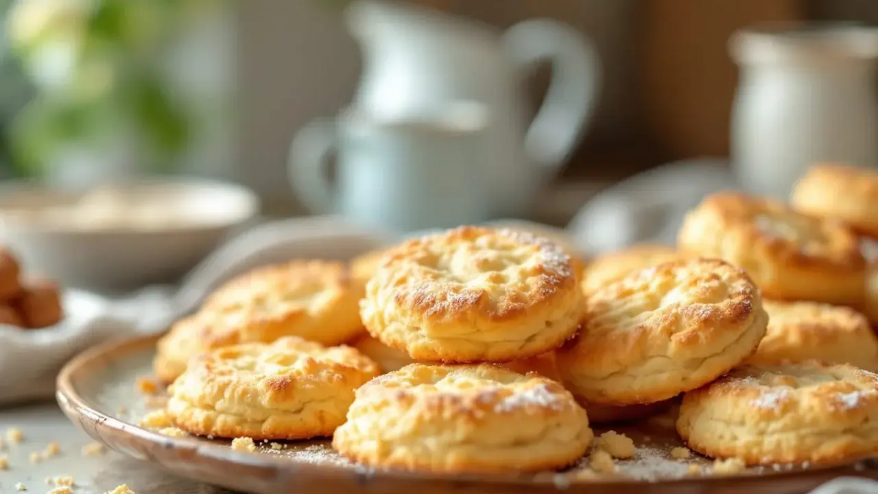 Gros plan sur des sablés bretons moelleux saupoudrés de sucre glace sur une assiette.