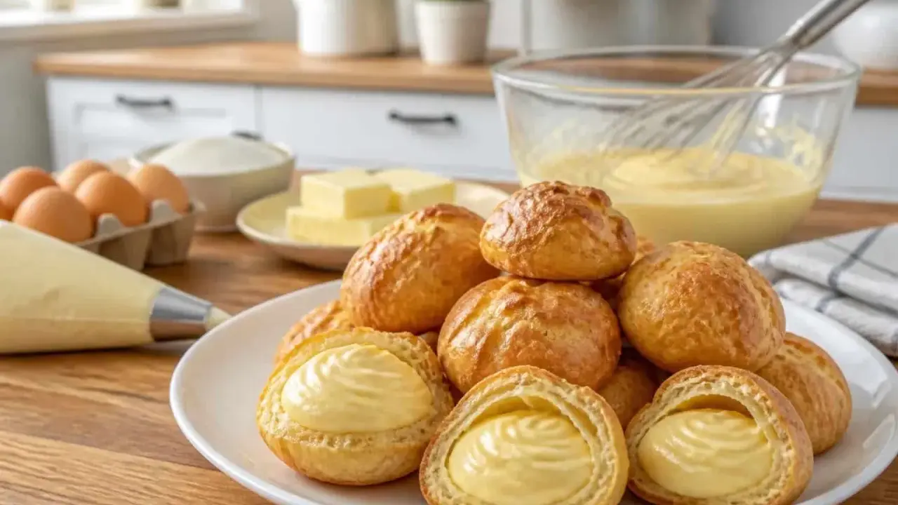 Des choux à la crème dorés, certains coupés pour révéler leur garniture onctueuse. Des ingrédients de pâtisserie sont disposés autour, prêts pour la prochaine fournée.