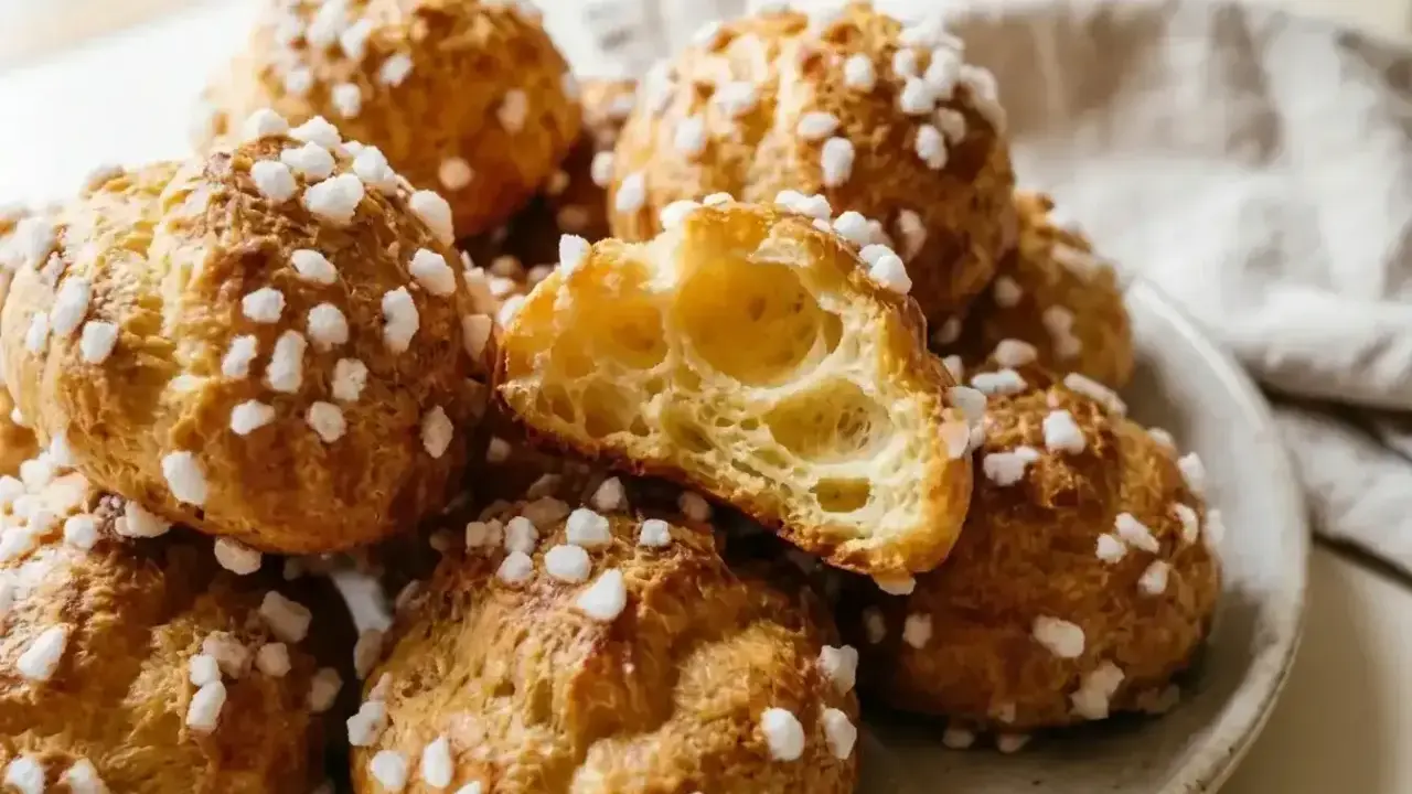 Chouquettes traditionnelles dorées, parsemées de sucre perlé. Une bouchée légère et aérienne, parfaite pour accompagner votre recette chouquette traditionnelle.