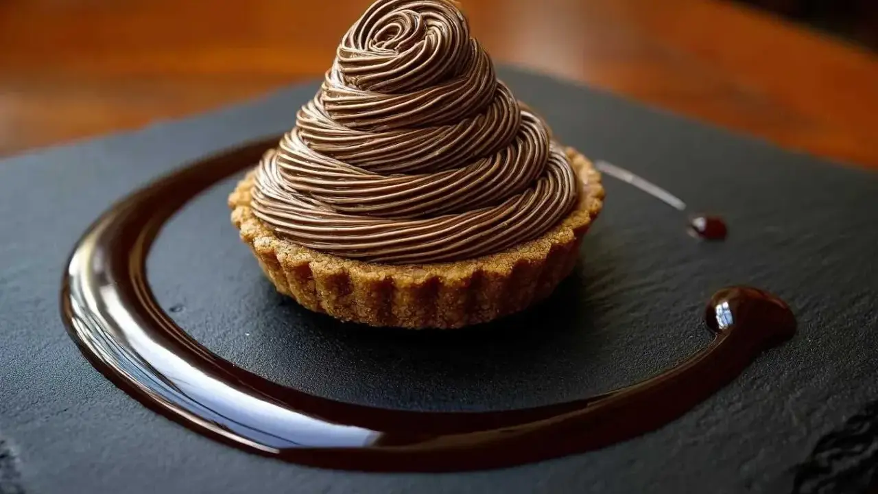 Délicieux Mont Blanc au chocolat, une recette gourmande à essayer. La crème onctueuse forme un cône parfait sur la tartelette.