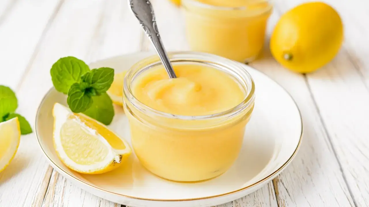 Un pot de crème citron onctueuse, garni de menthe fraîche et de quartiers de citron, prêt à être dégusté.